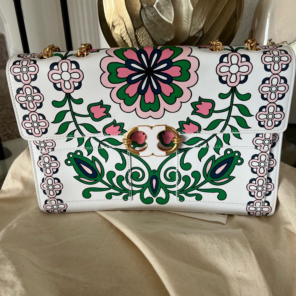 Authentic Tory Burch Large Gemini Link Garden-Print Chain Crossbody Bag
